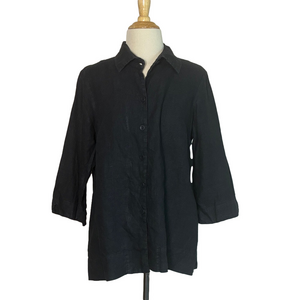 FLAX Women Small Black 3/4 Sleeve Button Up‎ Linen Tunic Top Beachy Boho Natural
